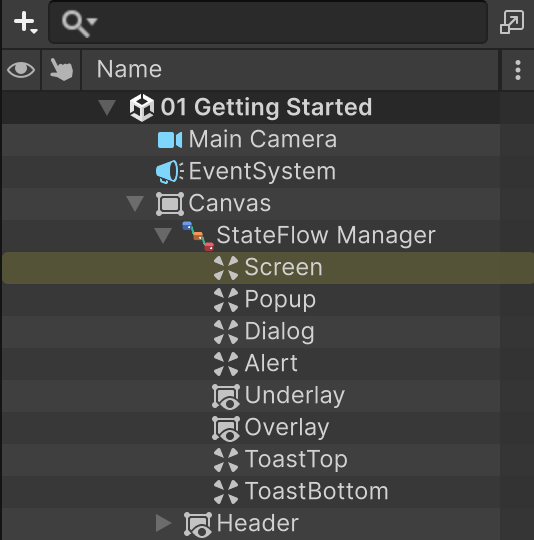 Hierarchy: Canvas, StateFlow Manager, and its Screen, Popup, Dialog, Alert, Underlay, Overlay, ToastTop and ToastBottom children.