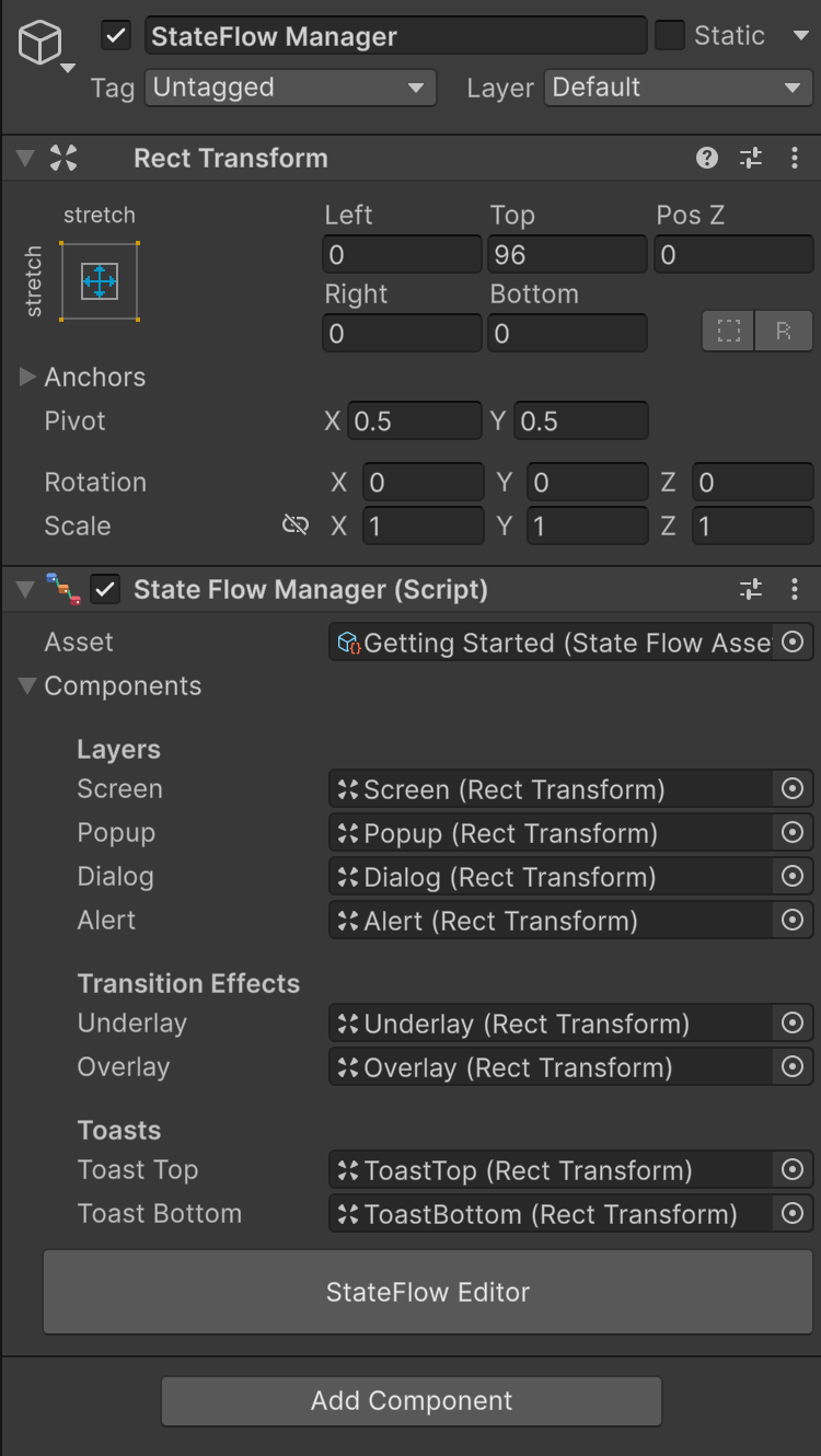 The StateFlow Manager inspector with an Asset field, a Components foldout and a StateFlow Editor button.